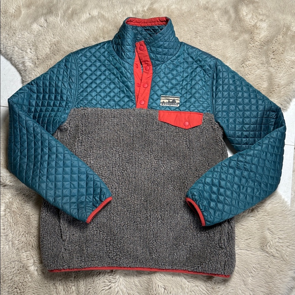Patagonia Mixed Snap T Pullover Sweater Jacket Teal Grey Orange Quilted Small - Picture 2 of 12